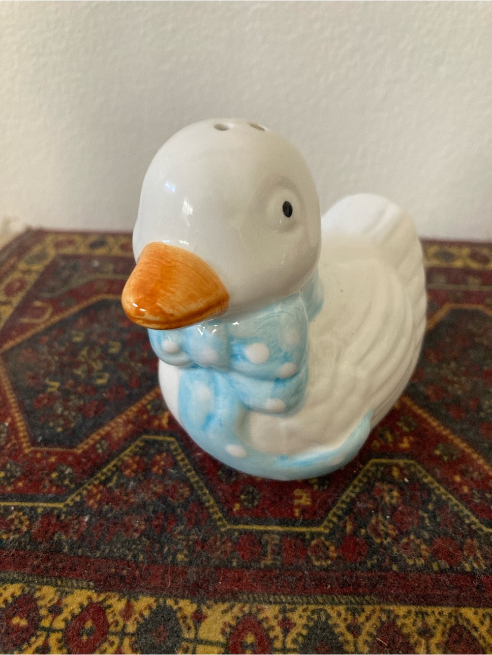 White Ceramic White Goose Pepper Shaker Duck Figurine Light Blue Scarf